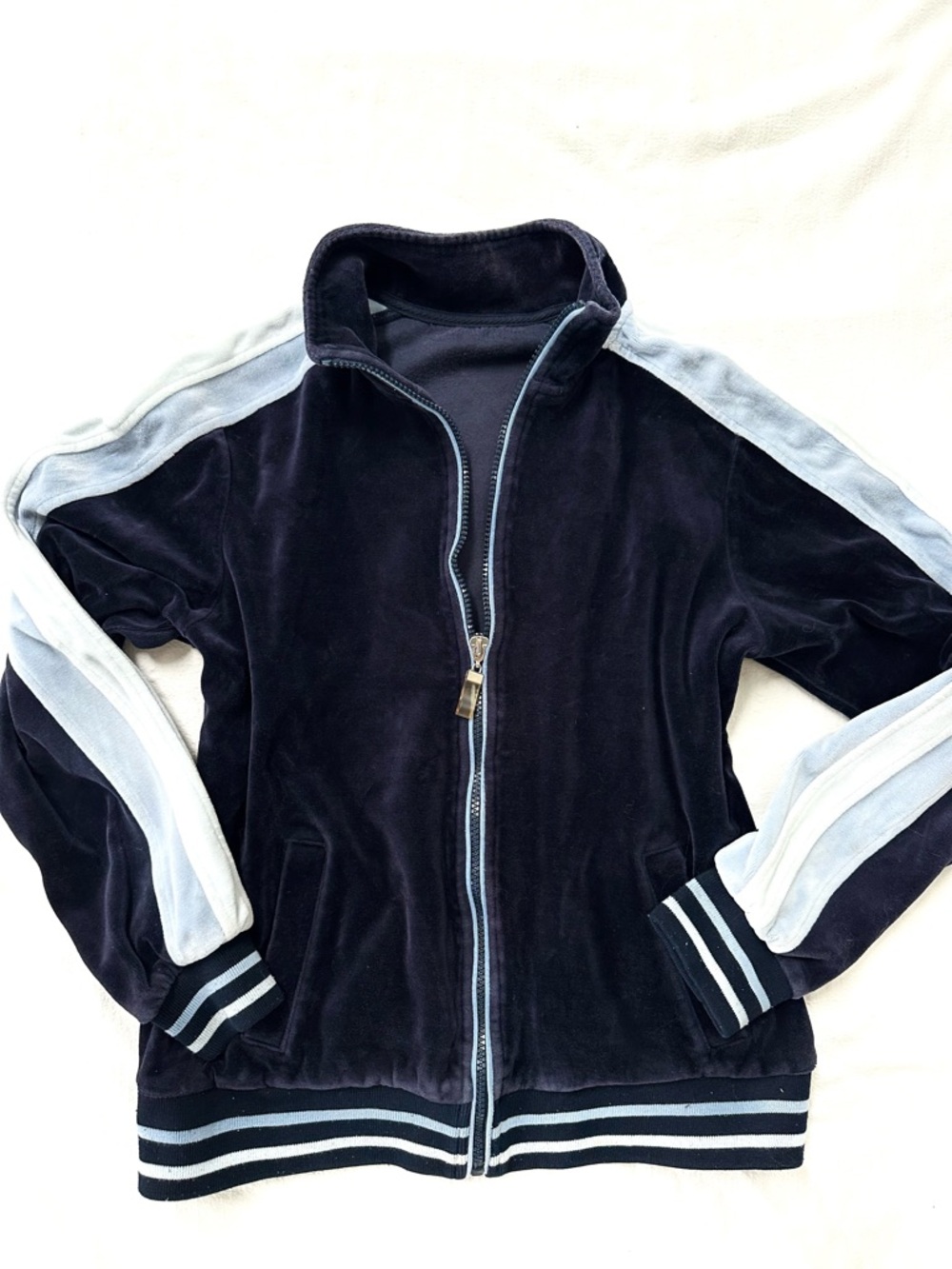 Y2K Velour Track Jacket Navy Blue Zip Up — 2000s Sporty Spice Model Off Duty S